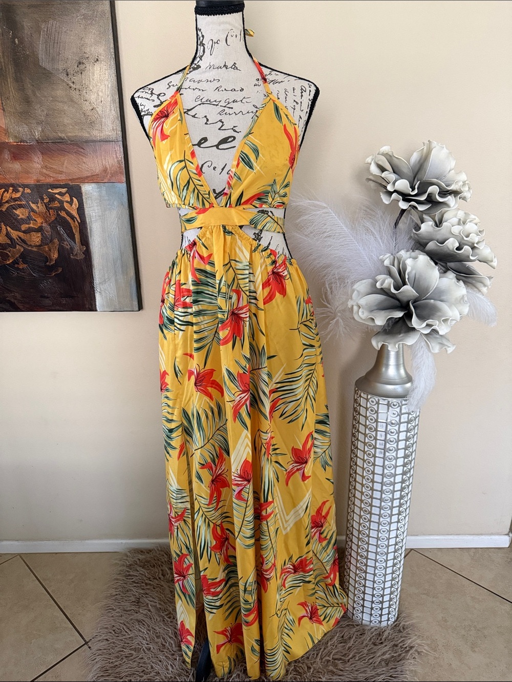 SHEIN Yellow Tropical Halter Maxi Dress with Red & Green Floral Print